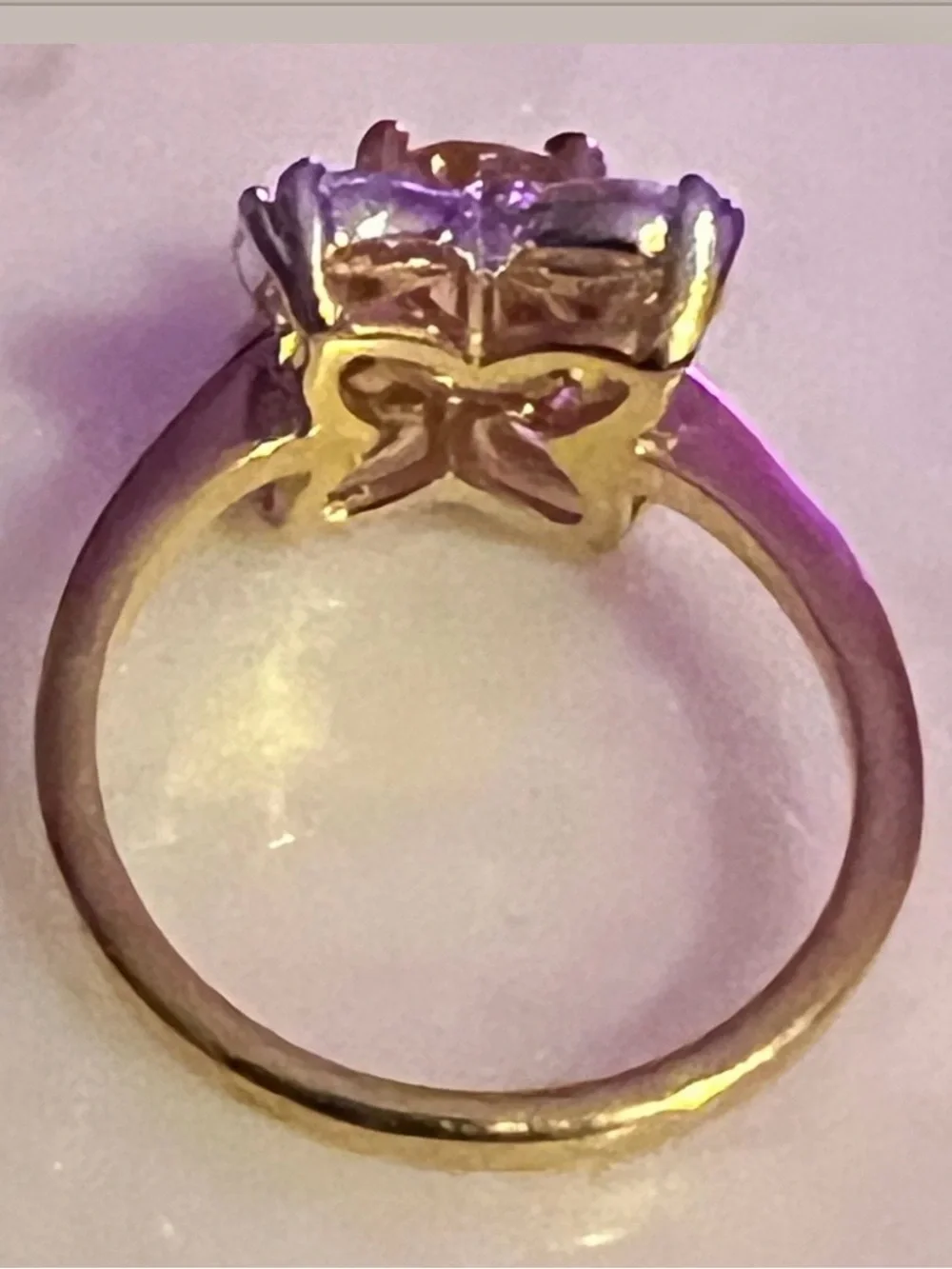 Vintage Gold Butterfly Ring with Peach Center Stone & Clear Accent Stones